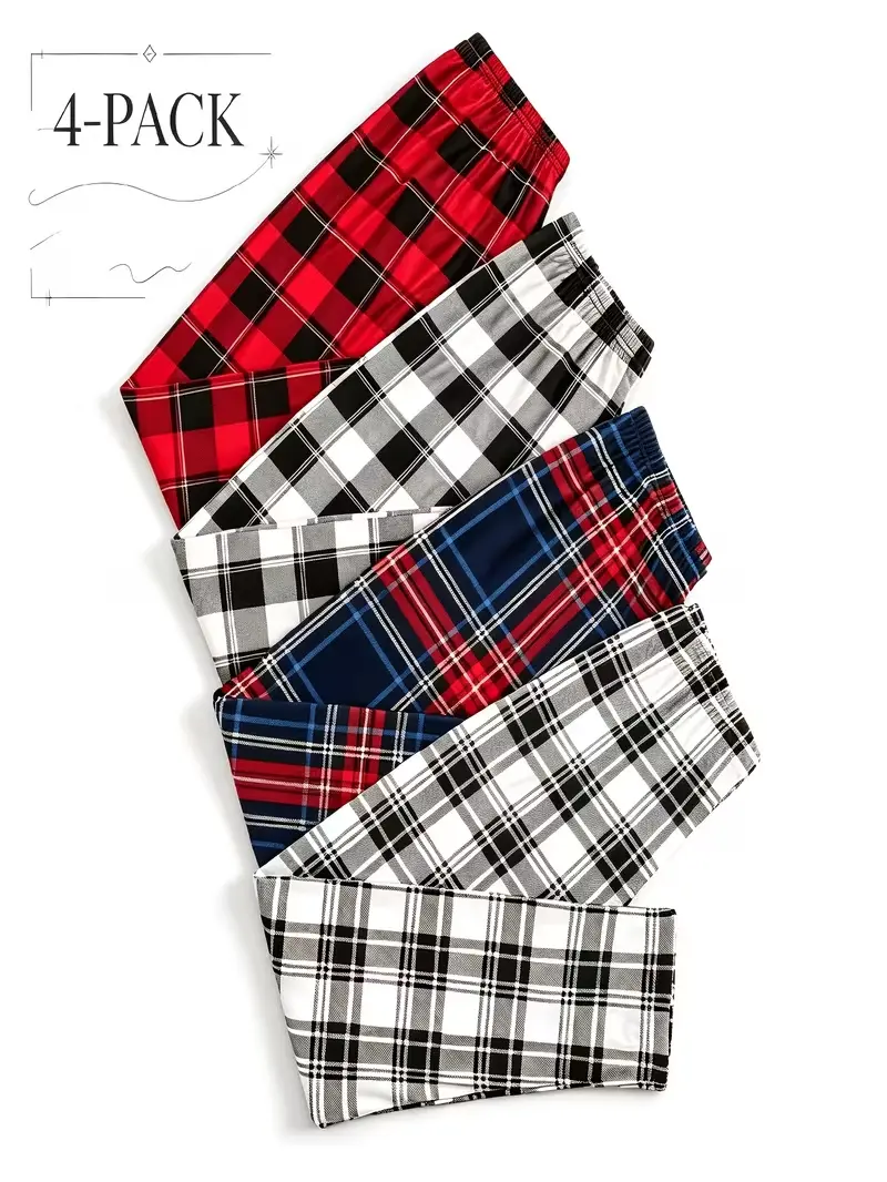 Men's 4-Pcs Plaid Print Fleece Trousers, Pocket-Free Soft Menswear Loungewear, Personalized All-Season Sleepwear Bottoms