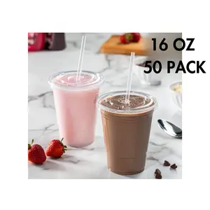16 oz. Clear Plastic Cup with Flat Lid and Straw - 50/Pack Disposable Pet