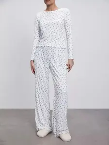 Two-Piece Set Women's Ditsy Floral Print Top & Pants Pyjama, Casual Comfy Long Sleeve Top & Trousers PJ Set, Women's Sleepwear for Spring & Fall, Pajamas Lounge Set, Matching Sleepwear