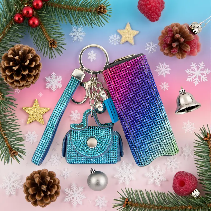 Women's Glam Sparkly Decorative Keychain Set - Bling Key Organizer, Lightweight Stylish Home Entryway Hanging Decor, Cool Keychains, Purse Stuffers, Useful Mini Gifts, Mini Things for Women, Pouch Accessory