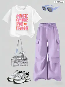 Girls Summer Letter Print Short Sleeve Workwear Pants Set, 8-12 Years, Breathable Comfort Fabric, Round Neck T-Shirt, Two-Piece Set