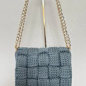 Hand Made Crochet Shoulder Bag with Gold Chain Strap and Textured Design