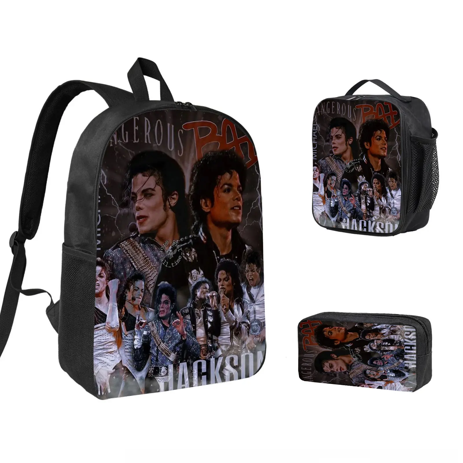 michael jackson 3 PCS Backpack Set, Durable School Bookbag with Insulated Lunch Bag & Pencil Case for Teens Boys Girls, Comfortable Travel Daypack Gift for Fans d-290