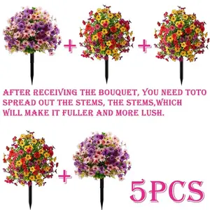 5-piece spring/summer set featuring a mix of colors. Ideal for decorating artificial indoor and outdoor porches, balconies, and gardens. Made of UV-resistant plastic with colorful floral designs. Perfect for Thanksgiving or as outdoor artificial flowers.