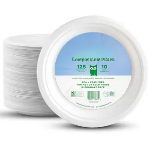 Disposable  Paper Plates, 125 Pack of 10 Inch Sturdy  Plates, Compostable Plate, Microwave Safe Party Plate,  Alternative to Plastic