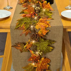 Fall Maple Leaf Garland, 6 Ft  Decor Garland with Pine Cones Berries, Harvest Decor Garlands with 30 Warm Lights for Fall Home Thanksgiving Fireplace Table Indoor Outdoor Porch Decor