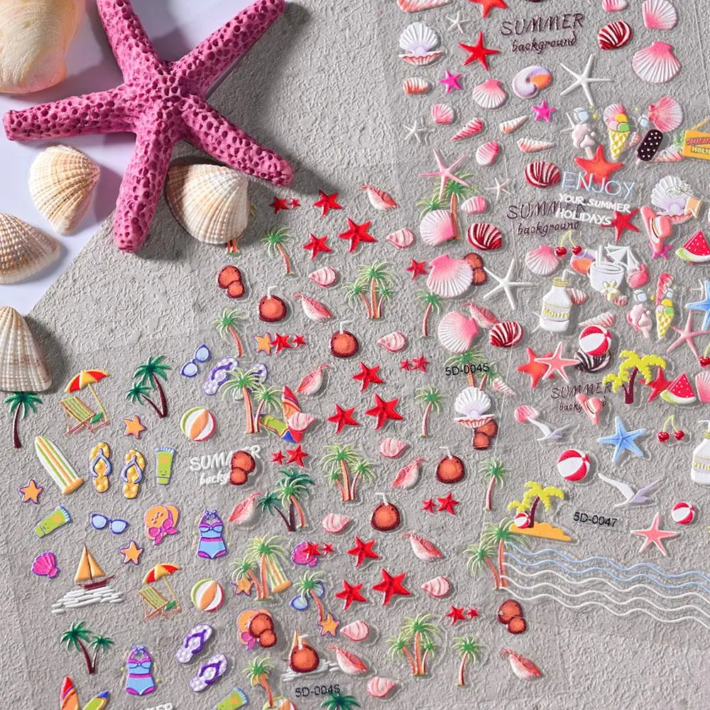 5D Embossed  Sea S Nail Sticker Ocean Beach Theme Summer Starfish Nail Slider Self-Adhesive Decal Nail Art Decoration