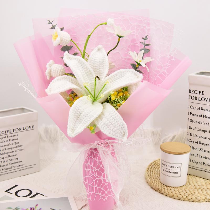 Handmade Crochet Lily Daisy Lily of Valley Bouquet Elegant Multi-color Decor Gift for Birthday Anniversary Graduation Mothers Day Valentines Day Greeting Card Included Birth Month Flowers