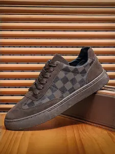 Men's Checkered Casual Board Shoes, Vintage Patchwork Low Top Lace-Up Sports Sneaker Shoes, Trendy Versatile Flat Shoes