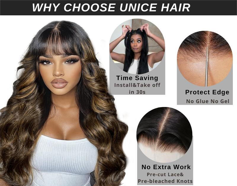 【NEW IN】UNice Pre-Everything Balayage Highlight Fluffy Loose Wave Curtain Bangs Wig   Glueless 13x4 Lace Frontal Human Hair Wigs with Upgraded Drawstring