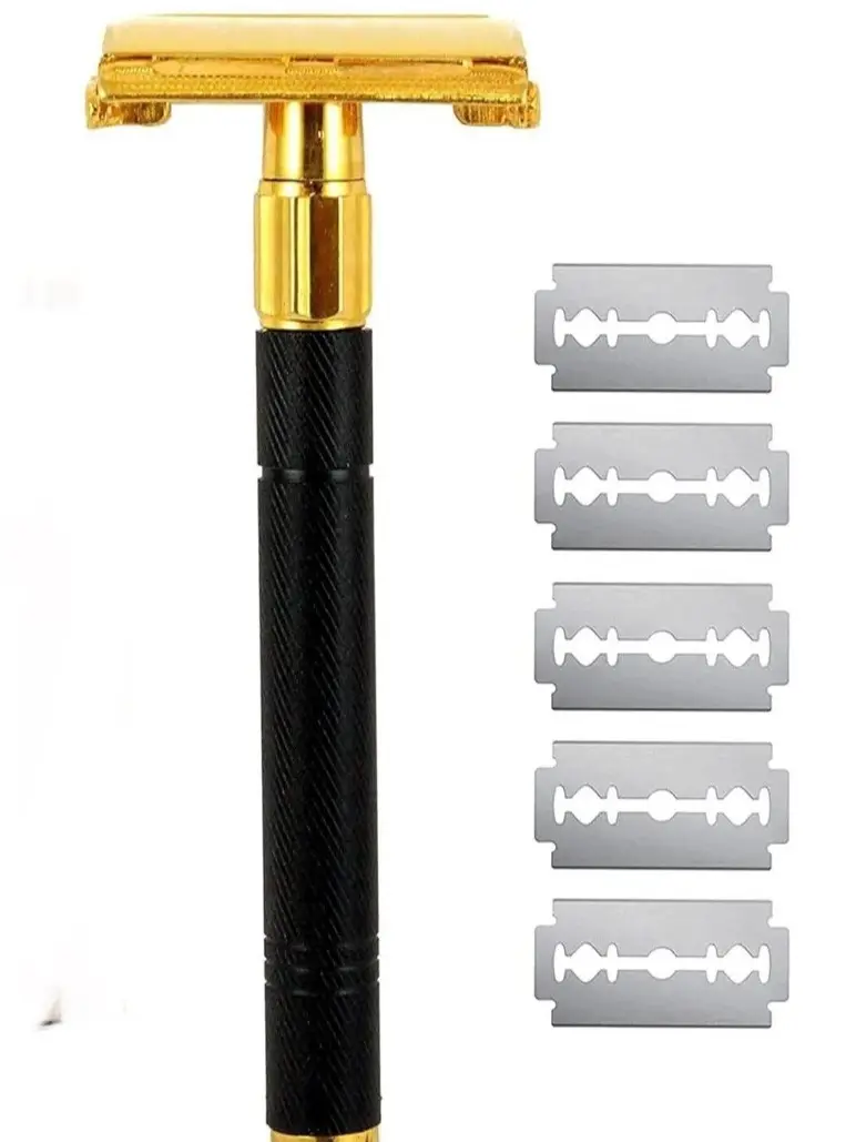 LONG DOUBLE EDGE BUTTERFLY SAFETY RAZOR TWIST TO OPEN FOR MEN WOMEN + 5 SHAVING BLADES GOLD