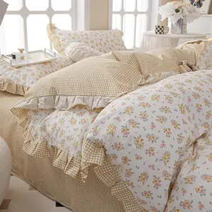 EAVD French Style Ruffled Floral Comforter Set Twin XL Soft Microfiber Chic Shabby Pink Yellow Floral Bedding Set with 2 Pillowcases Fresh Botanical Comforter Set for All-Season