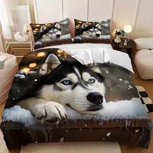 Bedding Set - 3pcs Winter Joy Black and White Husky Snow Scene Design Down Comforter Set (1 comforter cover + 2 pillowcases, filling not included) A gift for family and friends, soft and comfortable, suitable for family bedrooms and guest rooms.