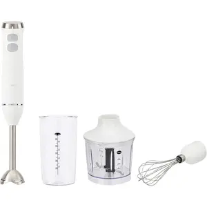 Amazon Basics 300W 4-In-1 Immersion Blender Handheld, Emulsion Blender With Blending Stick, Whisk, Chopper and Beaker, Continuous Speed Control And Turbo Mode, 5-ft Power Cord, White