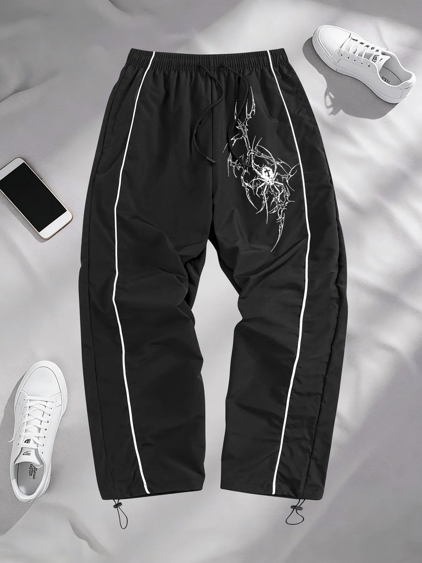 Men's Y2K Spider Print Pocket Sports Pants, Adjustable Drawstring Sweatpants, Elastic Waist Drawstring Design, Comfortable Running Fitness Outdoor Casual Long Trousers, Casual Sporty Pants, Drawstring Waist Sweatpants