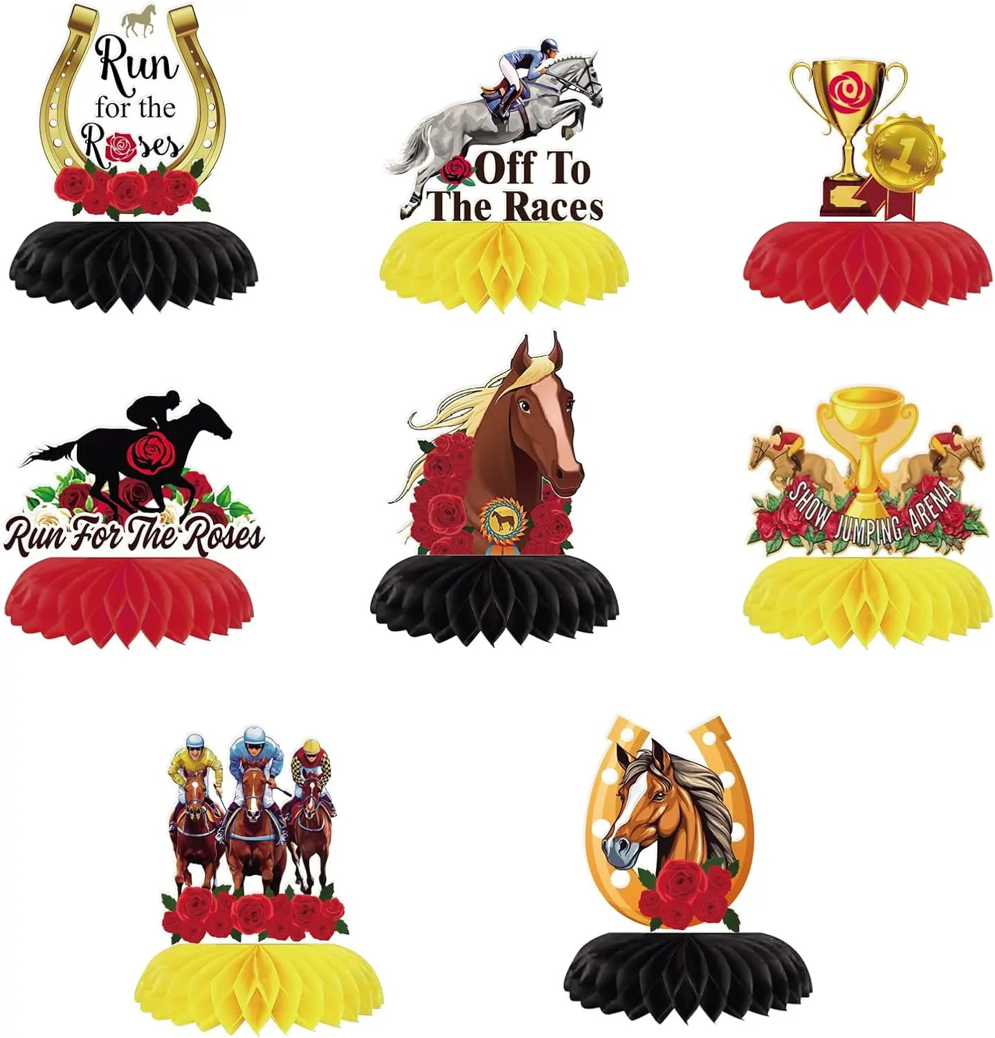 3D Honeycomb Style Horse Derby Card Stock Centerpieces (9-Piece, As Pictures Shown) - 2 Yellow Bases, 3 Black Bases, 8 Unique Cards, Double-Sided Stickers, Thick Bright Colors for Family Western Rodeo Dinner Table Decor, Baby Shower, 3D Honeycomb Style Ce
