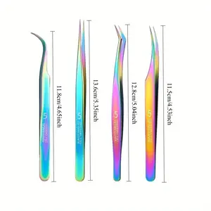 4Pcs professional set, false eyelash tweezers, stainless steel material, color titanium heat-treated surface, high-end grafting eyelash clips, eyelash beauticians, professional planting eyelash gold feather clips, full set of special tweezers tools