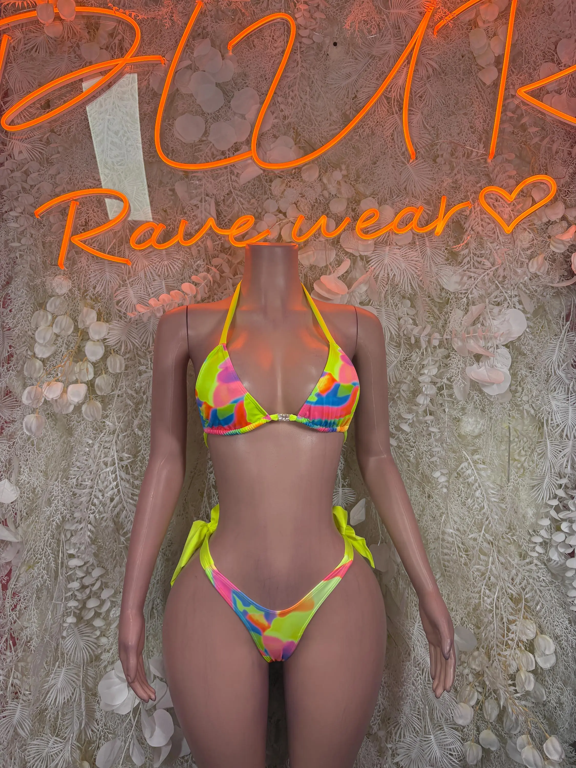 Women's Neon Trippy Print 2-Piece Body-Hugging Bikini Set - Female Bathing Suit, Rave Festival Wear, Exotic Dance Clubwear