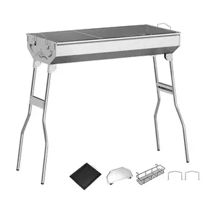 Portable Charcoal Grill, Upgraded Foldable Large BBQ Grill with Side Prep Shelf & Seasoning Storage Rack, Durable Stainless Steel Frame, Ideal for 6–8 People, Perfect for Backyard, Patio, Picnic, Camping & Travel Compact Double-Sided Firebox