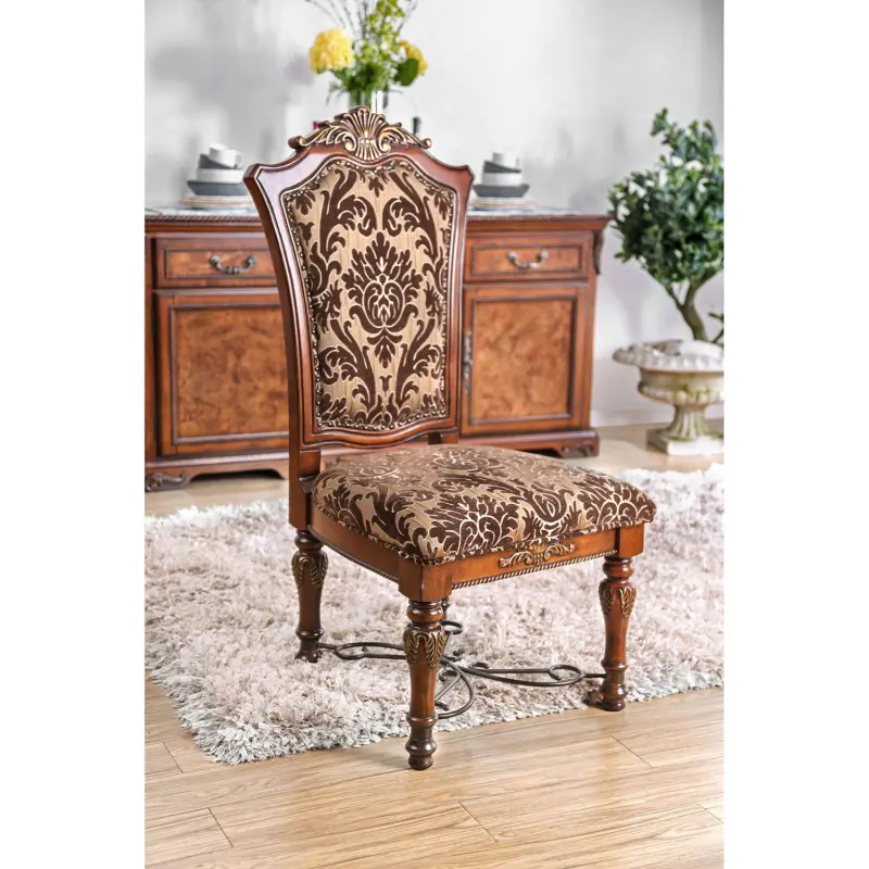 Bellemave  Traditional Fancy Set of 2pcs Side Chairs Brown Cherry Solid wood Intricate Carved Details Floral Design Print Fabric Seats Formal Dining Room Furniture