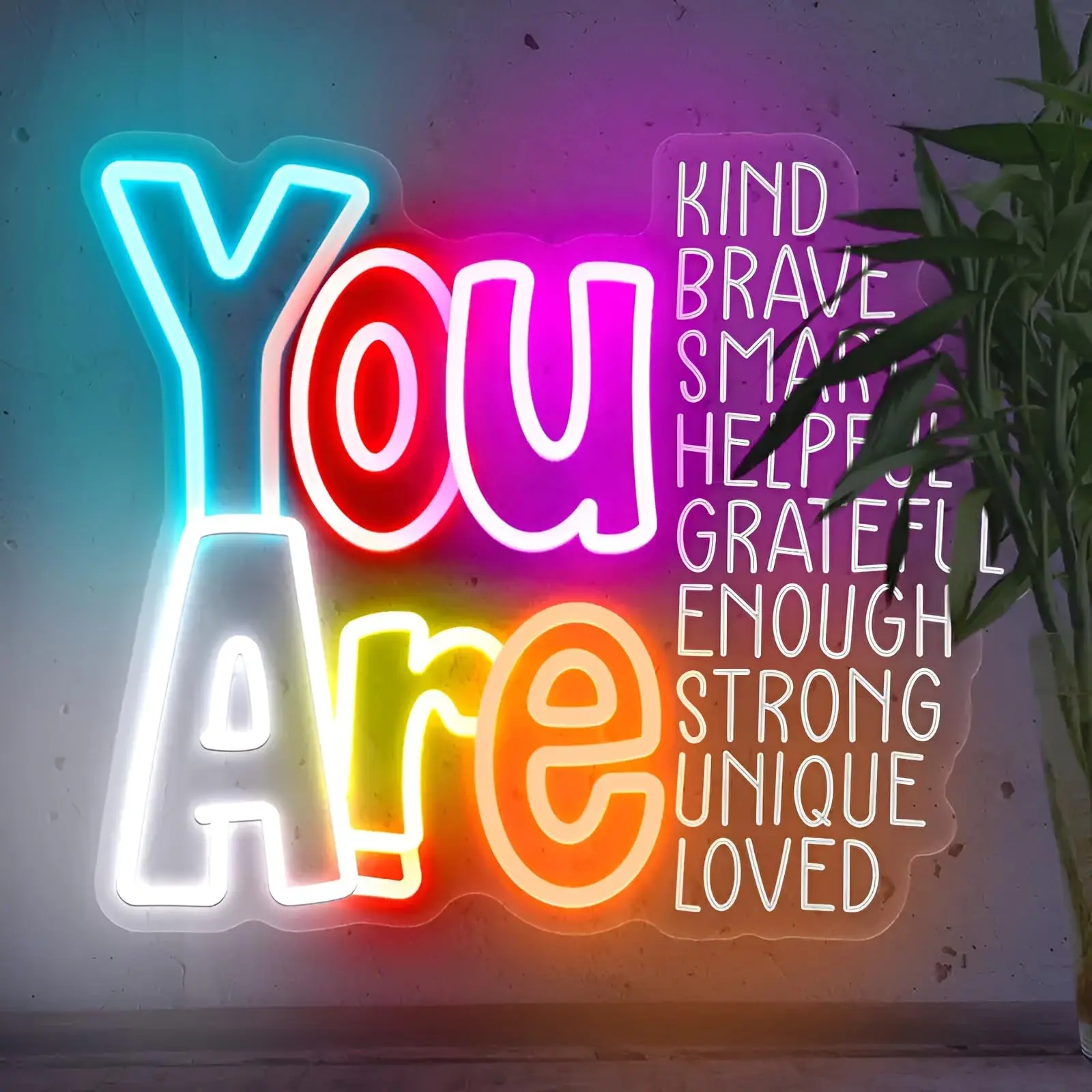 "You Are Kind Brave Loved Smart" Inspirational Text Neon Lighting - Adjustable Lighting Decorative Wall Light - USB-Powered Positive Affirmations LED Motivational Decor for Bedroom, Office Birthday Gift