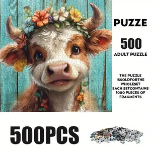 500 Piece Cow Wreath Puzzle, Large Adult Family Interactive Toy, DIY Home Decor Brain Challenge, Holiday Scene, Mixed Colors, Puzzle Game, Perfect Gift