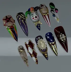 Circus & Gothic Carnival Press On Nails | Handmade Bold 3D Set with Jester Face, Stars, Chains & Dramatic Red, Blue, Gold Accents