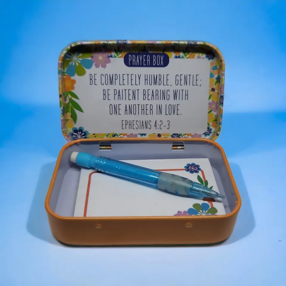 Metal Tin Prayer Box Mini Notepad Pencil