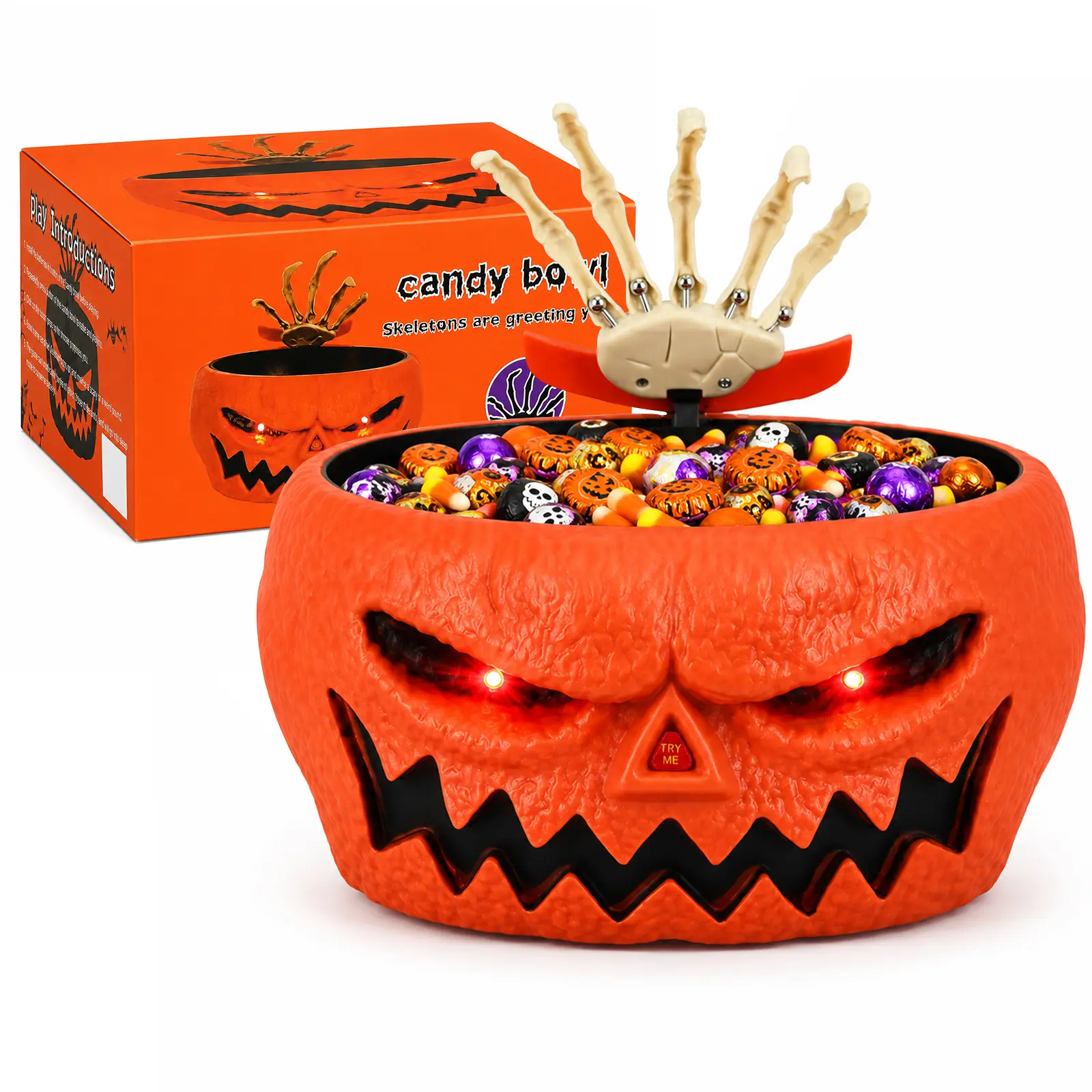 Spooky Halloween Animated Pumpkin Candy Bowl - Home & Festive Party Decoration with Motion-Activated Skeleton Hand for Trick-or-Treat Pranks