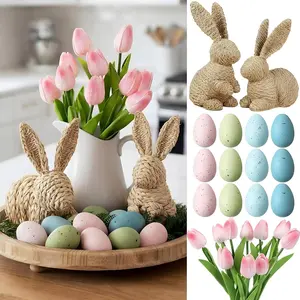 28 Pcs Easter Table Centerpiece Tray Decorations Includes 2 Rattan Bunnies, 16 Pastel Easter Eggs and 10 Pink Fake Florals for Tables Indoor Home