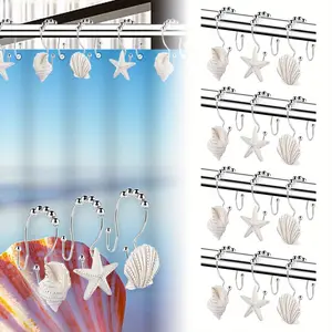 Decorative Shower Curtain Hooks, 12PCS Seashell Double Glide Shower Curtain Hooks for Bathroom and Living Room (White Seashell)