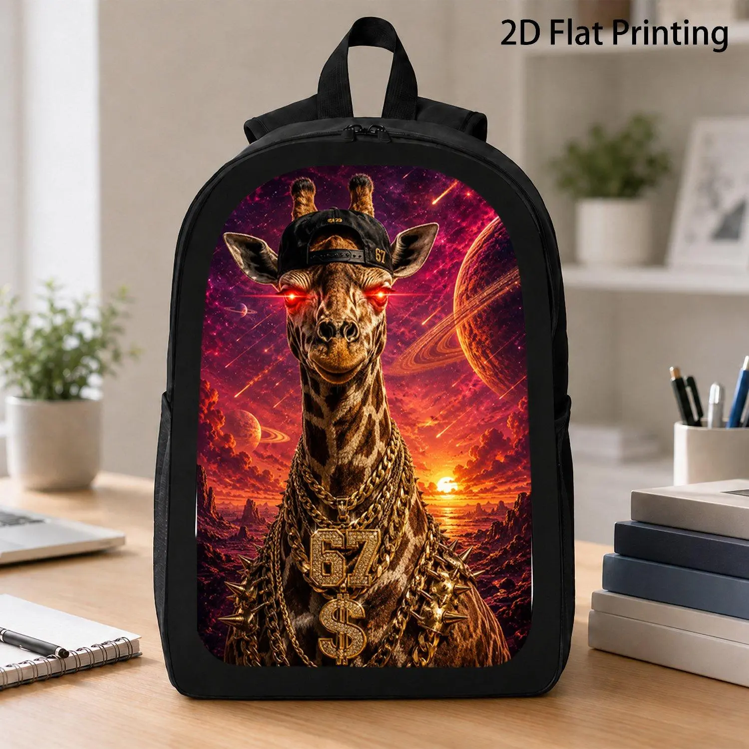[17 Inch Backpack] Cool Hip Hop Giraffe Wearing Snapback Cap Gold Diamond Chains Red Laser Eyes Alien Planet Sunset Art Backpack Fashion Urban Street Style Graphic Backpack For Teenagers