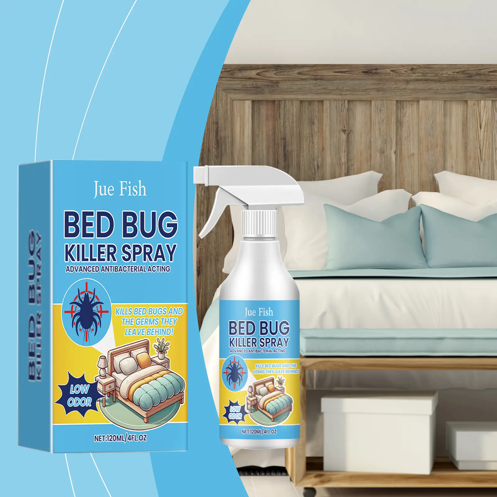 Jue-Fish Bedbug Spray Killer Bedbug Eliminator Dormitory Bed Bedroom Lice and Mite Spray Advanced Antibacterial Acting Low Odor，Targeting bed bugs and