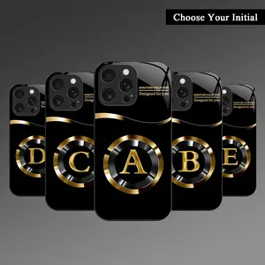 New High-End Gold Letter Glass Mobile Phone Case for iPhone 17Pro Max Air 16 15Plus 14 13 12 11 XR XS Luxury Black Initial Personalized Case Anti-Drop Anti-Fingerprint Exclusive Custom Premium Gifts NN78