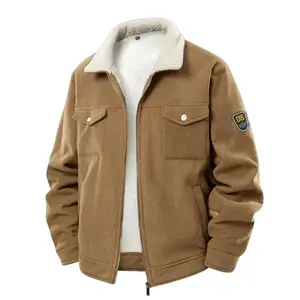 Men's Lapel Corduroy Cotton Jacket Large Pocket Workwear Coat Fleece Lined Thickened Cotton Autumn Winter Outerwear Classic Menswear Beige Khaki Long Sleeve Plain