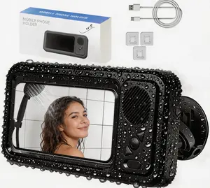 Waterproof Box Speaker with 360° Rotating Touch Screen Bluetooth-Compatible for Movies Music Hands-Free Call Phone Holder Compact for Bathroom Kitchen Sink - Wireless, Cellphone Stand
