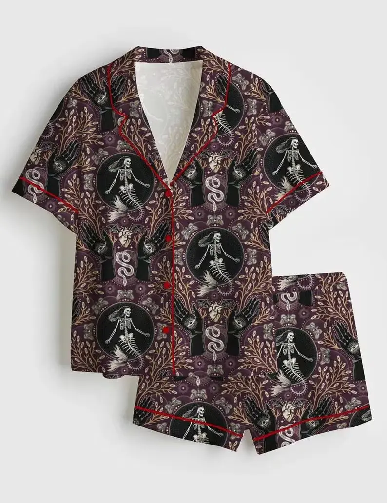 Womens Gothic Skeleton Mermaid Pajama Set Combo Snake Occult Tarot Print Sleepwear Long Sleeve Pants Set Short Sleeve Shorts Set Cute Spooky Halloween Loungewear Comfy Loose Fit