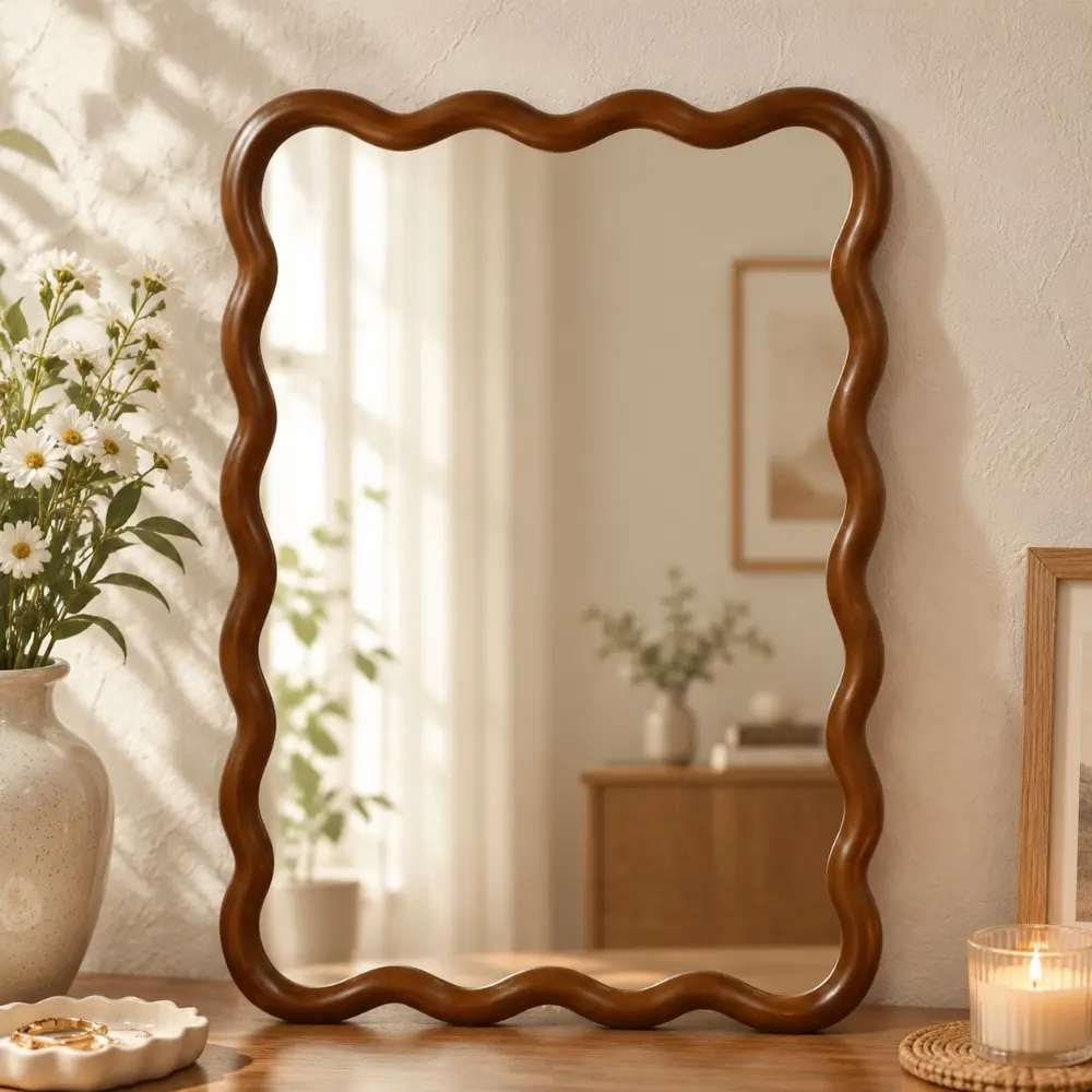 Littleox Black Walnut Color 20"x30" Wavy Rectangle Solid Wood Frame Decorative Mirror,For Bedroom, Bathroom, Living Room, Entryway