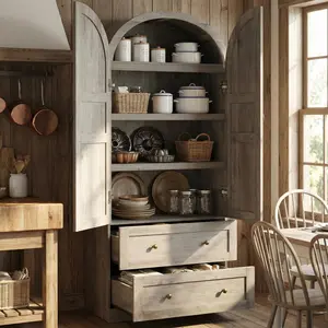Garvee 72" Arched Kitchen Pantry Cabinet - Wooden Freestanding Storage Cupboard with Doors, Drawers & Adjustable Shelves, Versatile Farmhouse Pantry for Dining and Living Room in Rustic Gray