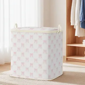 Large Capacity Lidded Storage Box, Bow Print Foldable Bag, Durable Non-Woven Fabric, Perfect Home Gift for Blankets, Quilts, Clothes