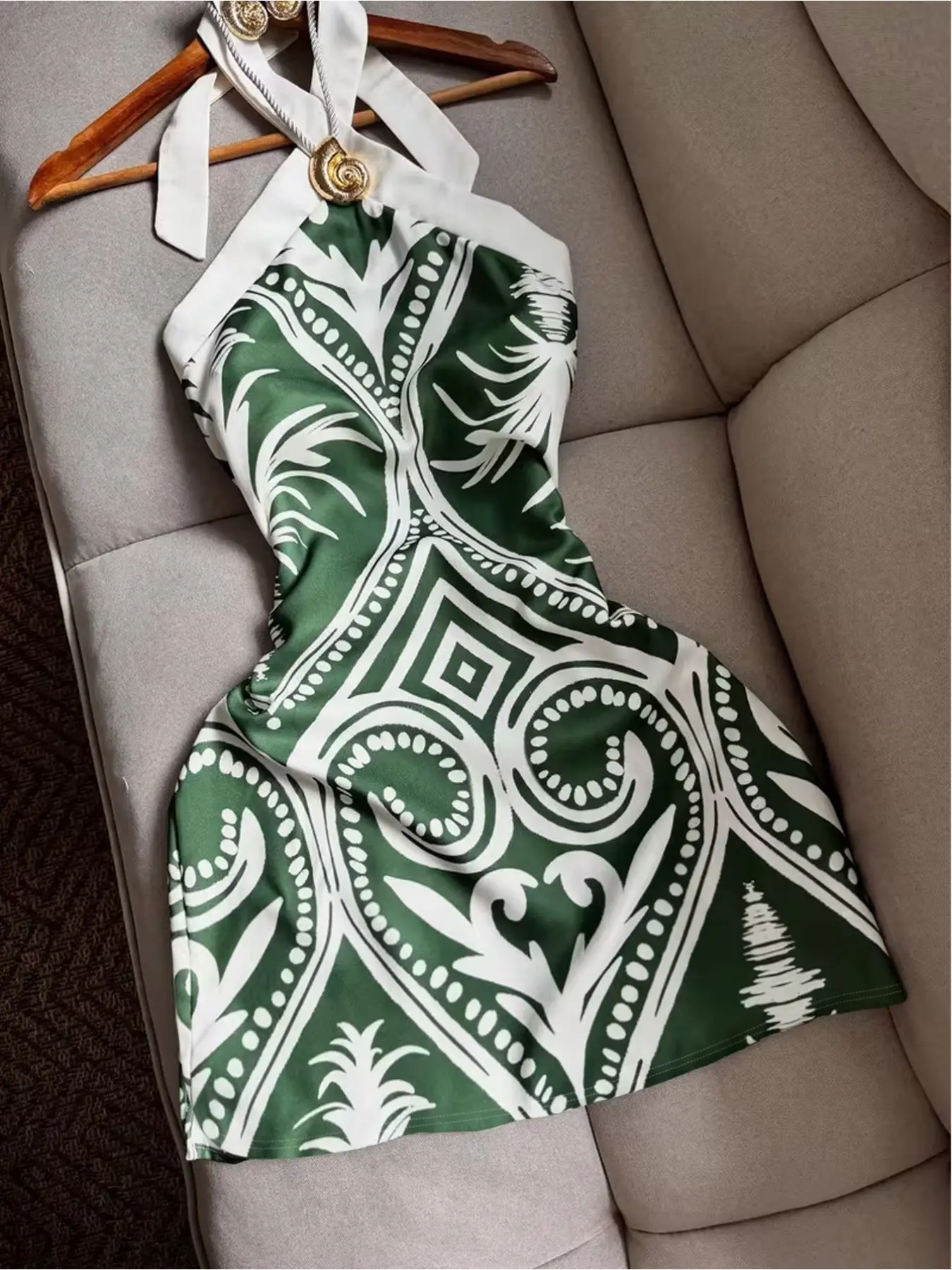 Green and White Geometric Print Off-Shoulder Short Dress, Bohemian Summer Dress, Boho Sleeveless Dress, Women's Sleeveless Bodycon Dress, Silky Satin Fabric, Resort and Brunch Outfit, Casual Wear, Bohemian Style, Womenswear