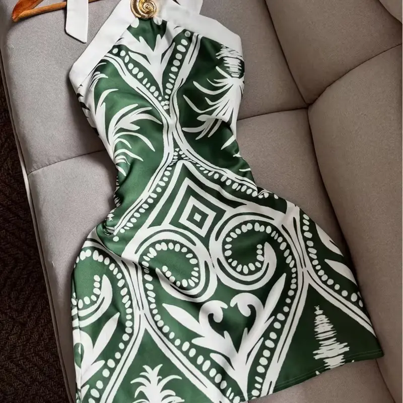 Green and White Geometric Print Off-Shoulder Short Dress, Bohemian Summer Dress, Boho Sleeveless Dress, Women's Sleeveless Bodycon Dress, Silky Satin Fabric, Resort and Brunch Outfit, Casual Wear, Boho Fashion Dress, Womenswear