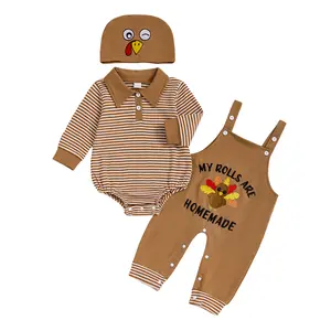 Baby Boy Thanksgiving Outfit Stripe Long Sleeve Lapel Romper Turkey Embroidery Overalls Suspender Pants Hat 3Pcs Set Bodysuit