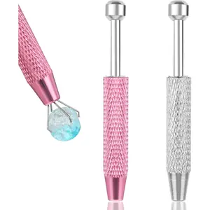 2 Pcs Jeweler's Pick Up Tool, Piercing Ball Grabber Mini Pen, Stainless Steel 4 Prongs Claw Tweezers for Electronic Components Diamond Pearls Gems (Pink, Silver)
