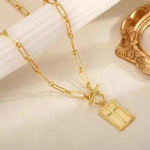 Rough Cross Pendant Necklace Women's Gold Push-Button Clasp Rectangular Necklace Silver Paperclip Cross Pendant Necklace Exquisite Faith Medal Statement Necklace Fashion Jewelry Accessories