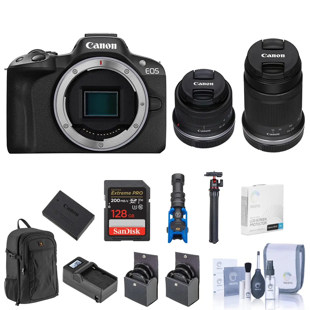 Canon EOS R50 Camera, Black with RF-S 18-45mm f/4.5-6.3, RF-S 55-210mm f/5-7.1 Lens, 128GB SD Card, Backpack, Battery, Charger, Mic, Tripod, Screen Protector, 55mm & 49mm Filter Kit, Cleaning Kit, Li-Ion Built-In