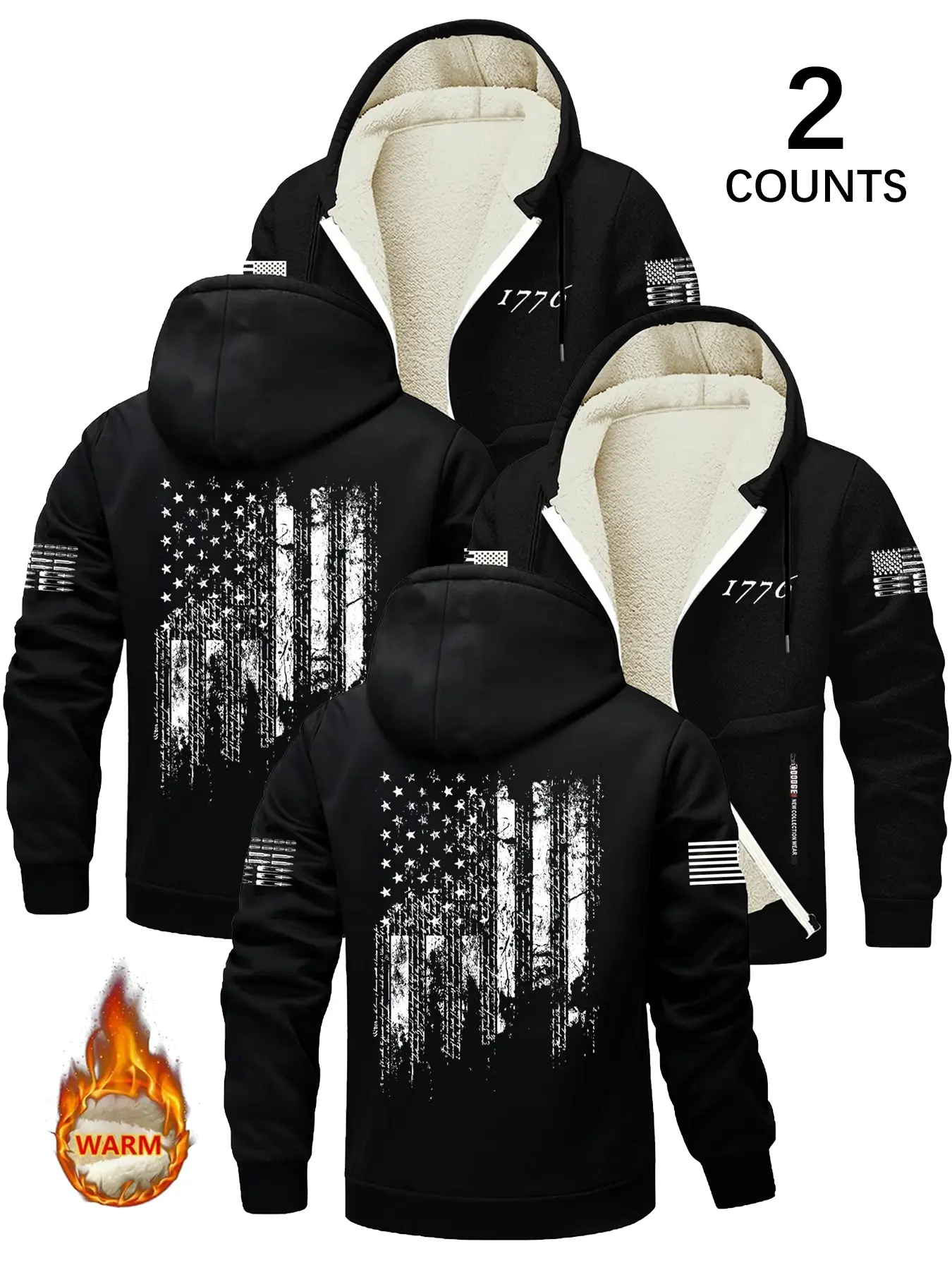 Men's Hooded Sweatshirt Set, Casual Loose Fit, Flag Print, Zipper Pocket Design, Soft Fleece Lining, Fall & Winter Wear, Graphic Print Hoodie