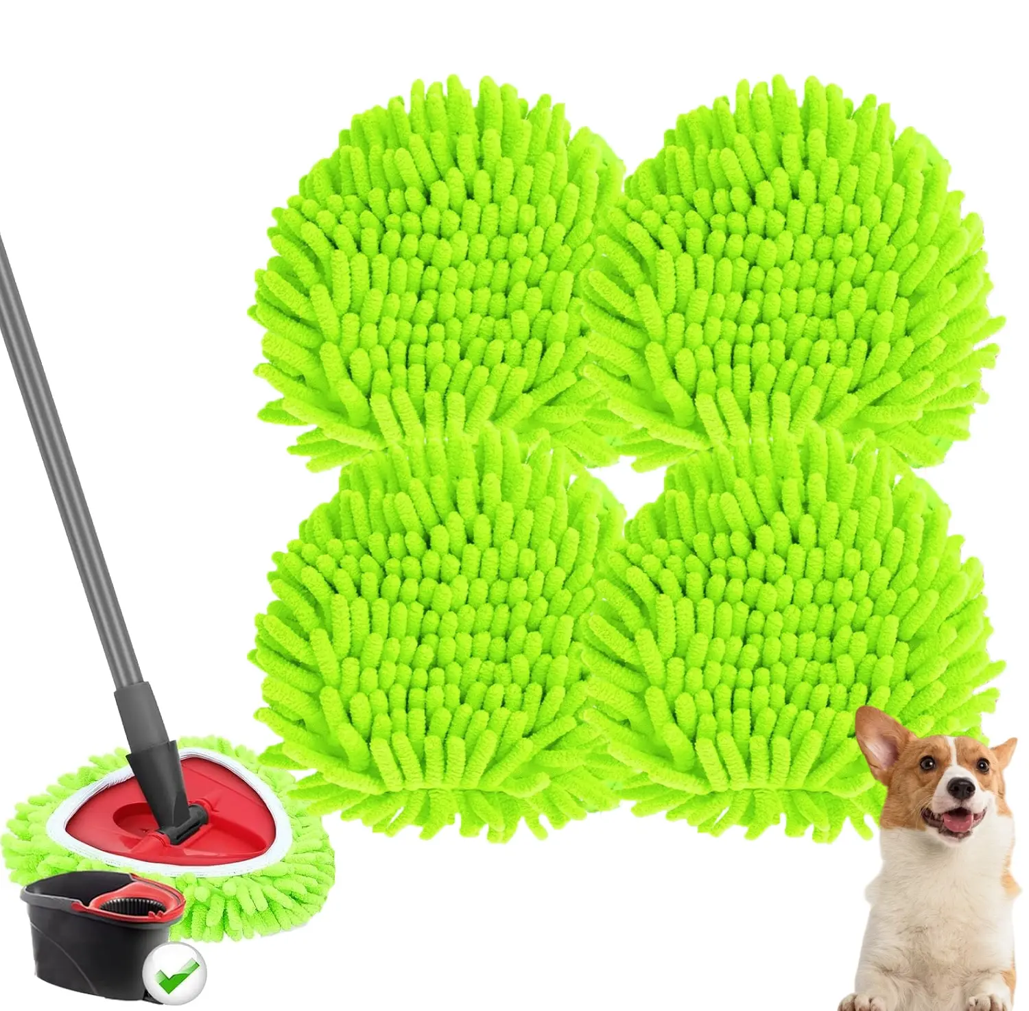 4-Pack Washable Microfiber Mop Refills - O-Cedar Spin Mop Replacements for Easy Wring 1-Tank System, Microfiber Mopheads for Hardwood Floors, Bathroom Tiles, Up to 100 Times Reusability, Green