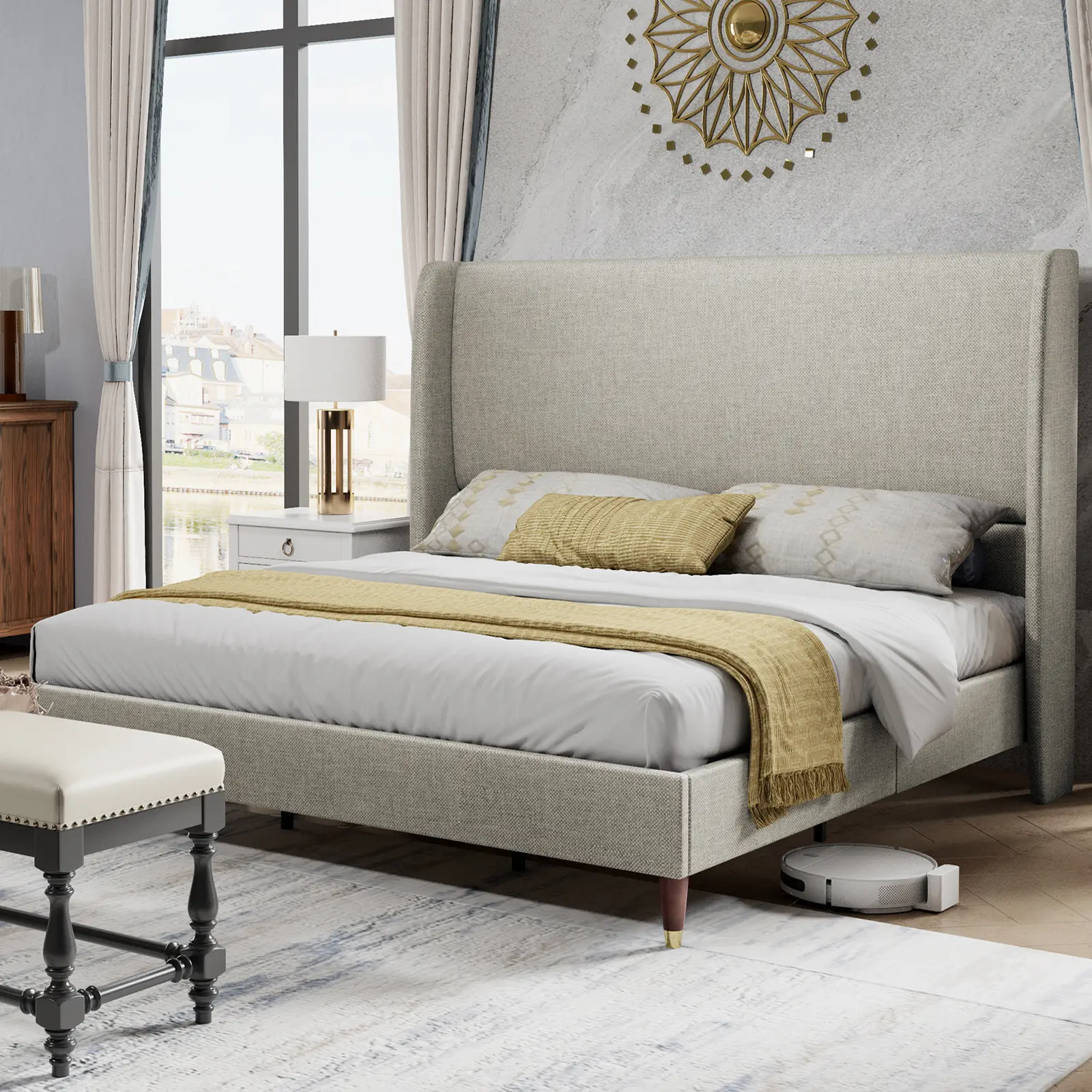 [SummerWins] [SummerFinds] ALBOTT Bed Frame with 51.2" Wingback Headboard, Linen Upholstered Platform Bed, Solid Wood Legs & Wooden Slats,No Box Spring Needed for Family Guest Room Cozy Home,Full/Queen/King