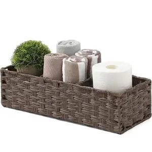 Larger Compartments] Toilet Tank Topper Paper Basket - Multiuse Hand Woven Plastic Wicker Basket with Divider for Organizing, Rustic Farmhouse Bathroom Decor, Countertop Organizer Storage, Brown